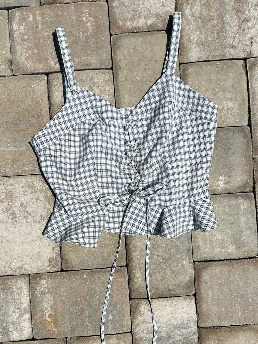 Gray Gingham Lace-Up Peplum Cami